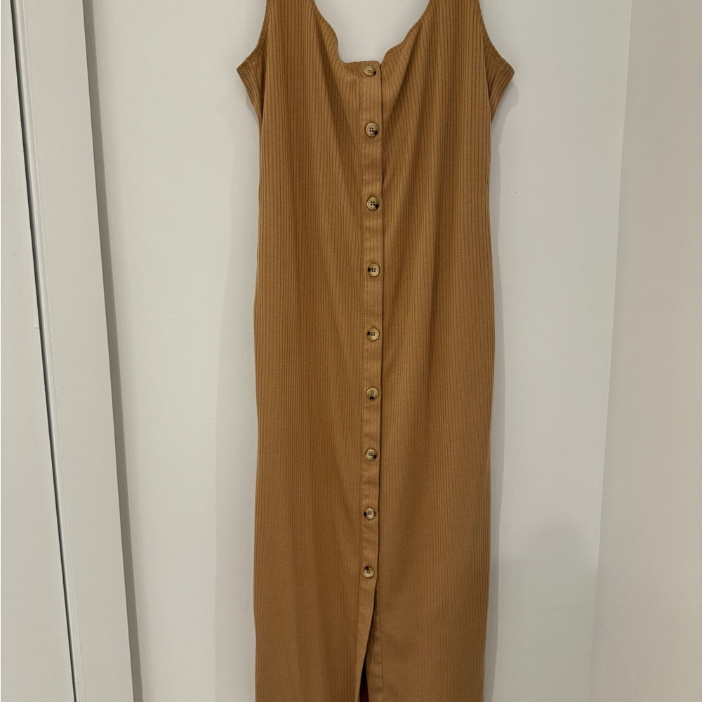 Sleeveless Button-Front Midi Dress in Camel Brown